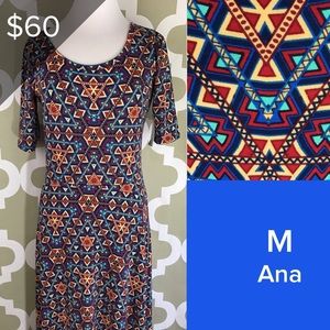 LuLaRoe Maxi Dress in Blue, Red, Yellow & Teal Tribal Print